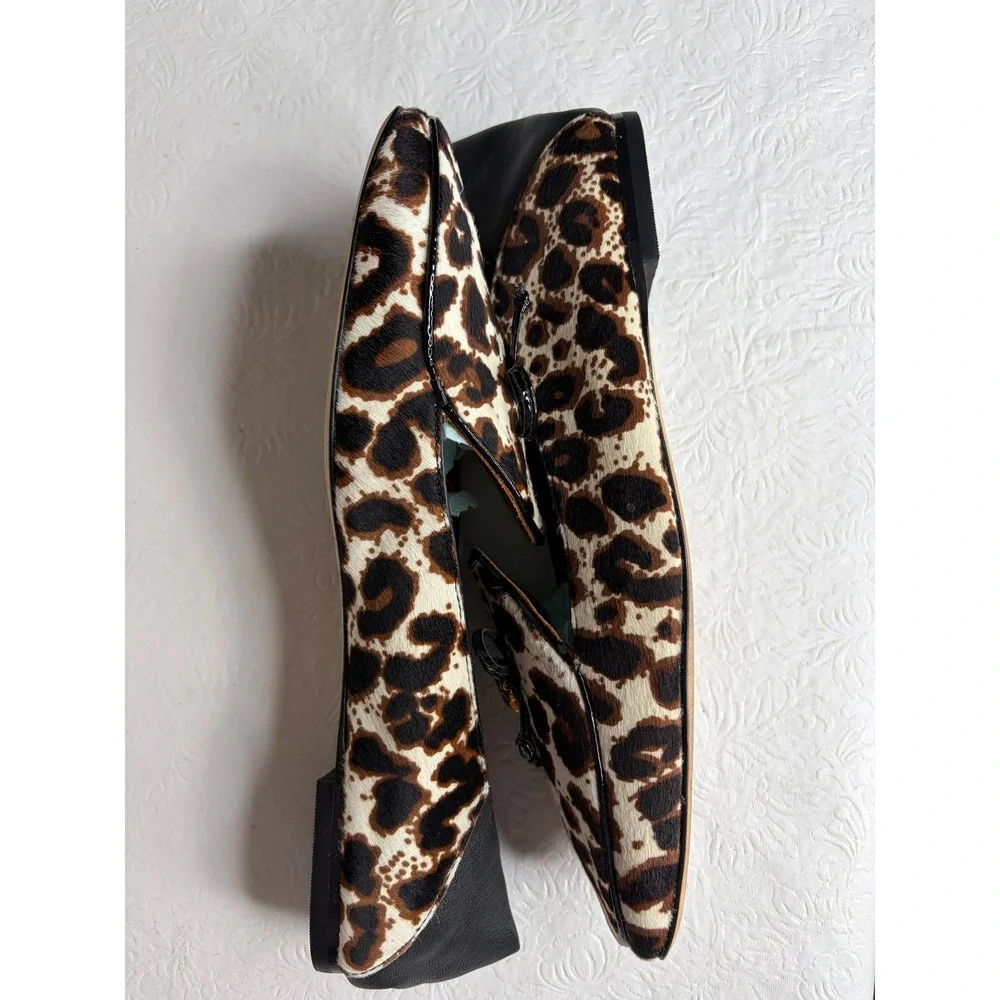 Tory Burch Charm Leopard Calf Hair Loafers Black Leather Trim Logo Bow Flats 8M‎